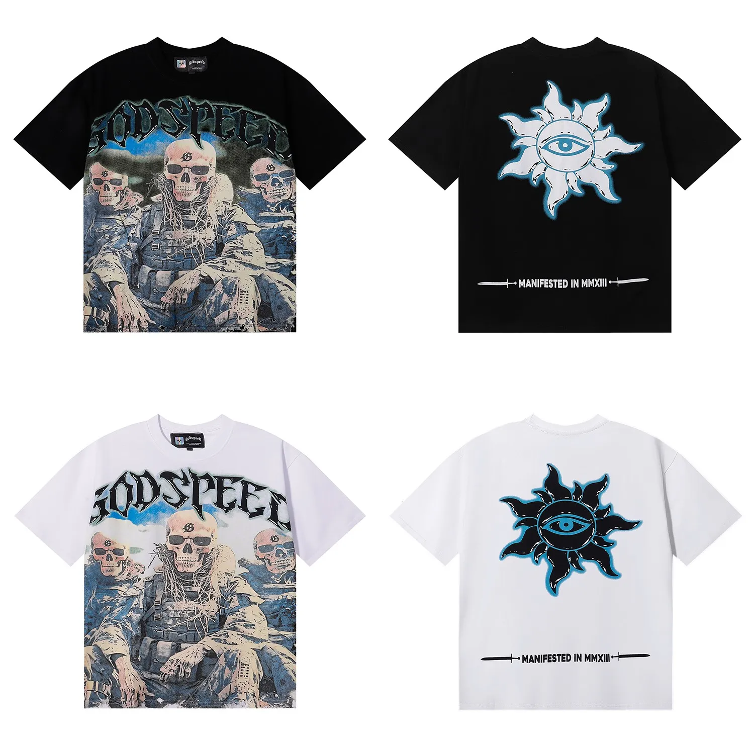 No. 7052, Mechao Godspeed Skeleton Marines printed high weight double yarn pure cotton casual short-sleeved T-shirt batch 110 Color: black, white; Size: S M L XL