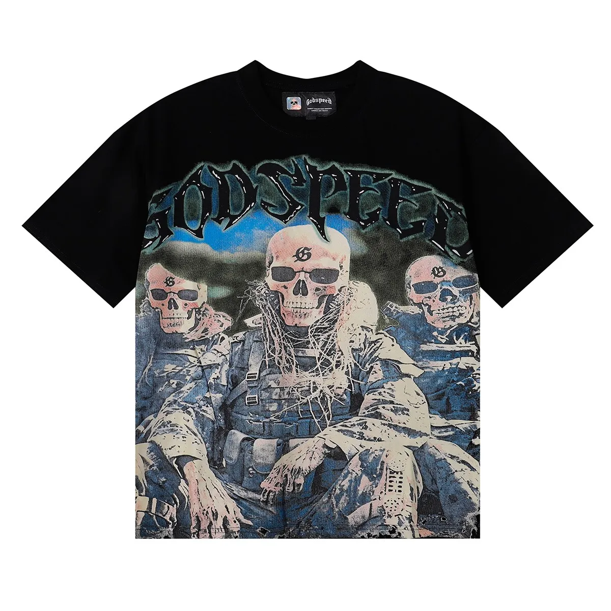 No. 7052, Mechao Godspeed Skeleton Marines printed high weight double yarn pure cotton casual short-sleeved T-shirt batch 110 Color: black, white; Size: S M L XL