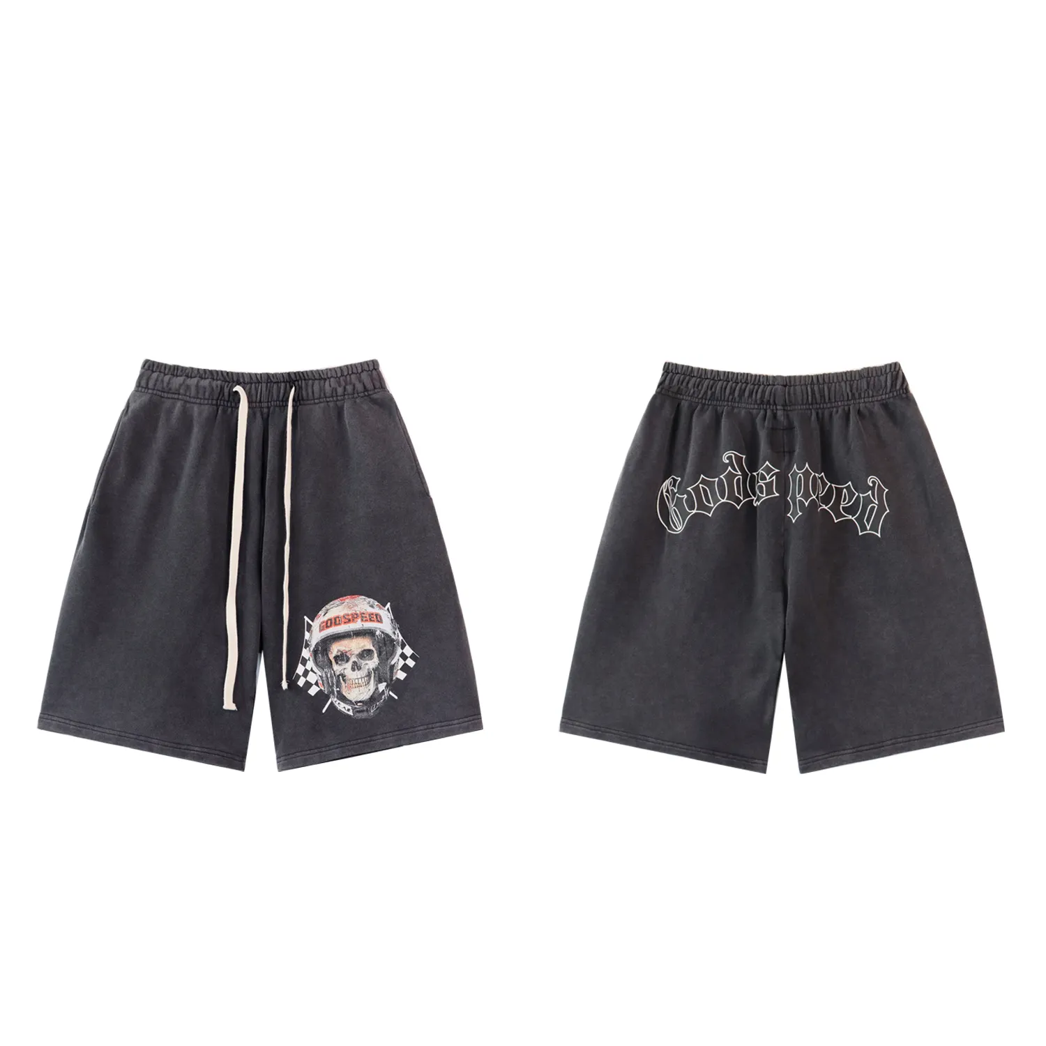 Style No.: 8679 Fabric: 380g washed P150 Real shot in stock beautiful Godspeed printed high quality double yarn casual fashion brand washed distressed shorts Color; washed black washed blue Code number: S M L XL
