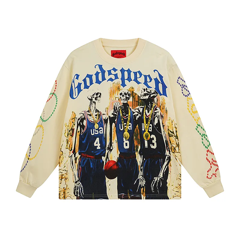 3106# P140 Real shot of Godspeed American fashion rock street pure cotton loose bottoming long-sleeved T-shirt long T. Fabric: 270g 32 count fine cotton double yarn pure cotton Color: apricot Size: S M L XL