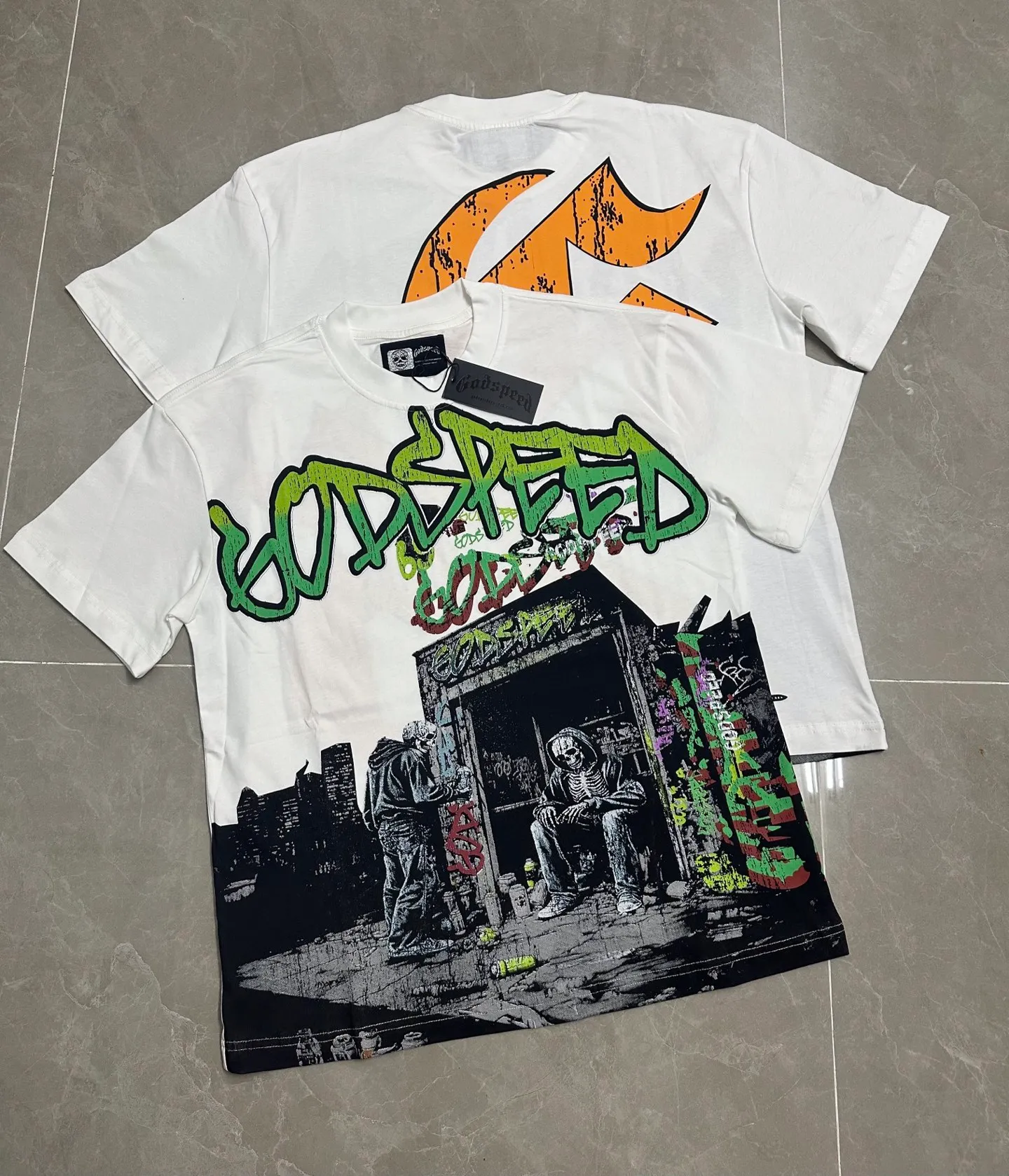 52💰5318#White I Official high-definition photo Godspeed cross-border American rock and roll street washed retro style short-sleeved T (craft printing) fabric (fabric): 32-count combed double yarn 240 grams weight code number (size): S-M-L-XL color (colour): white
