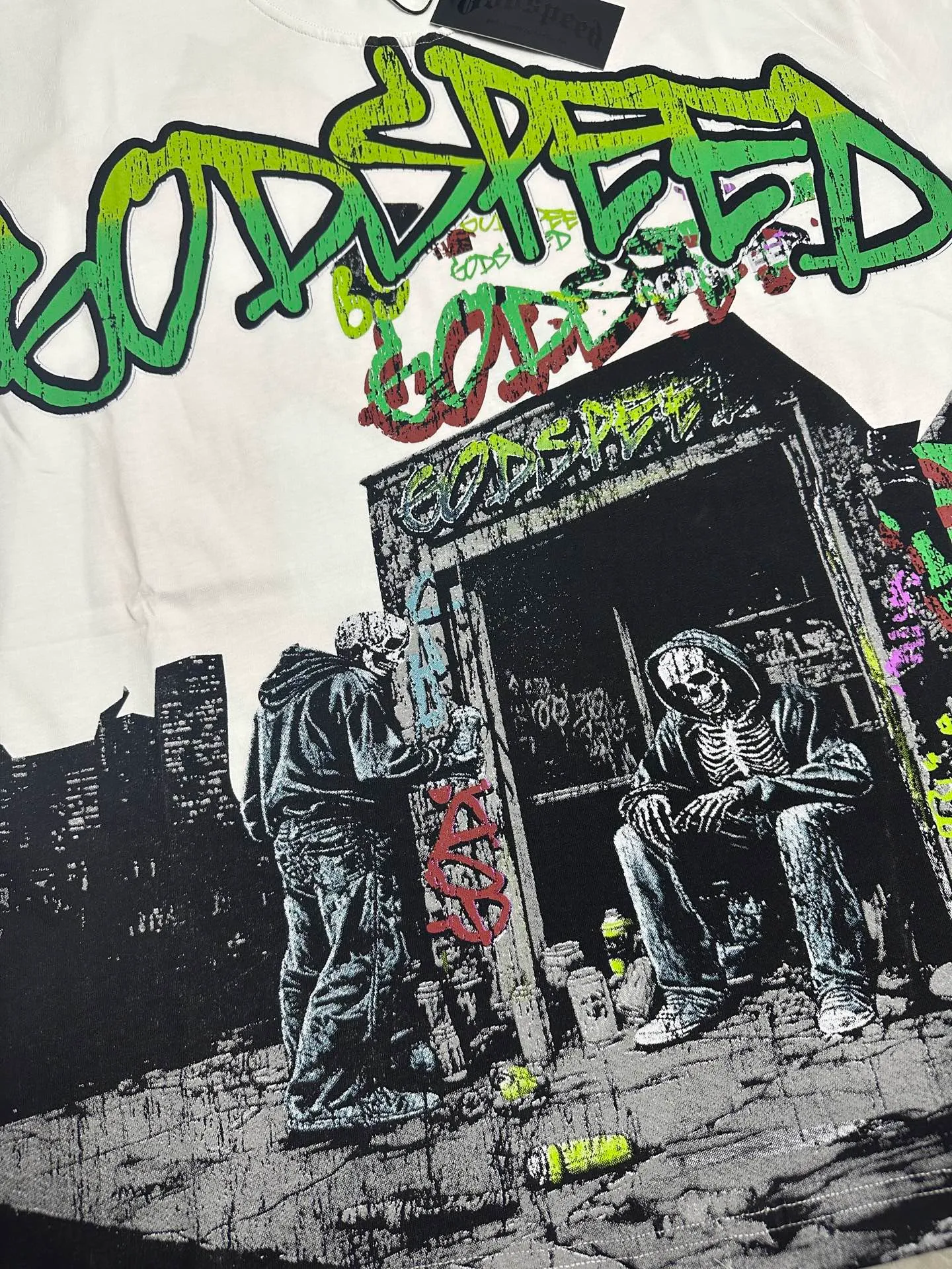 52💰5318#White I Official high-definition photo Godspeed cross-border American rock and roll street washed retro style short-sleeved T (craft printing) fabric (fabric): 32-count combed double yarn 240 grams weight code number (size): S-M-L-XL color (colour): white