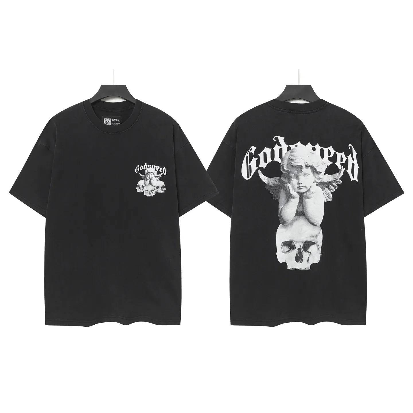 6092#washed black ｜ P116 Godspeed cross-border American rock and roll street washed retro style short-sleeved T (craft printing) fabric (fabric): 32-count combed double yarn 250 grams weight code (size): S-M-L-XL color (colour): washed black 👉