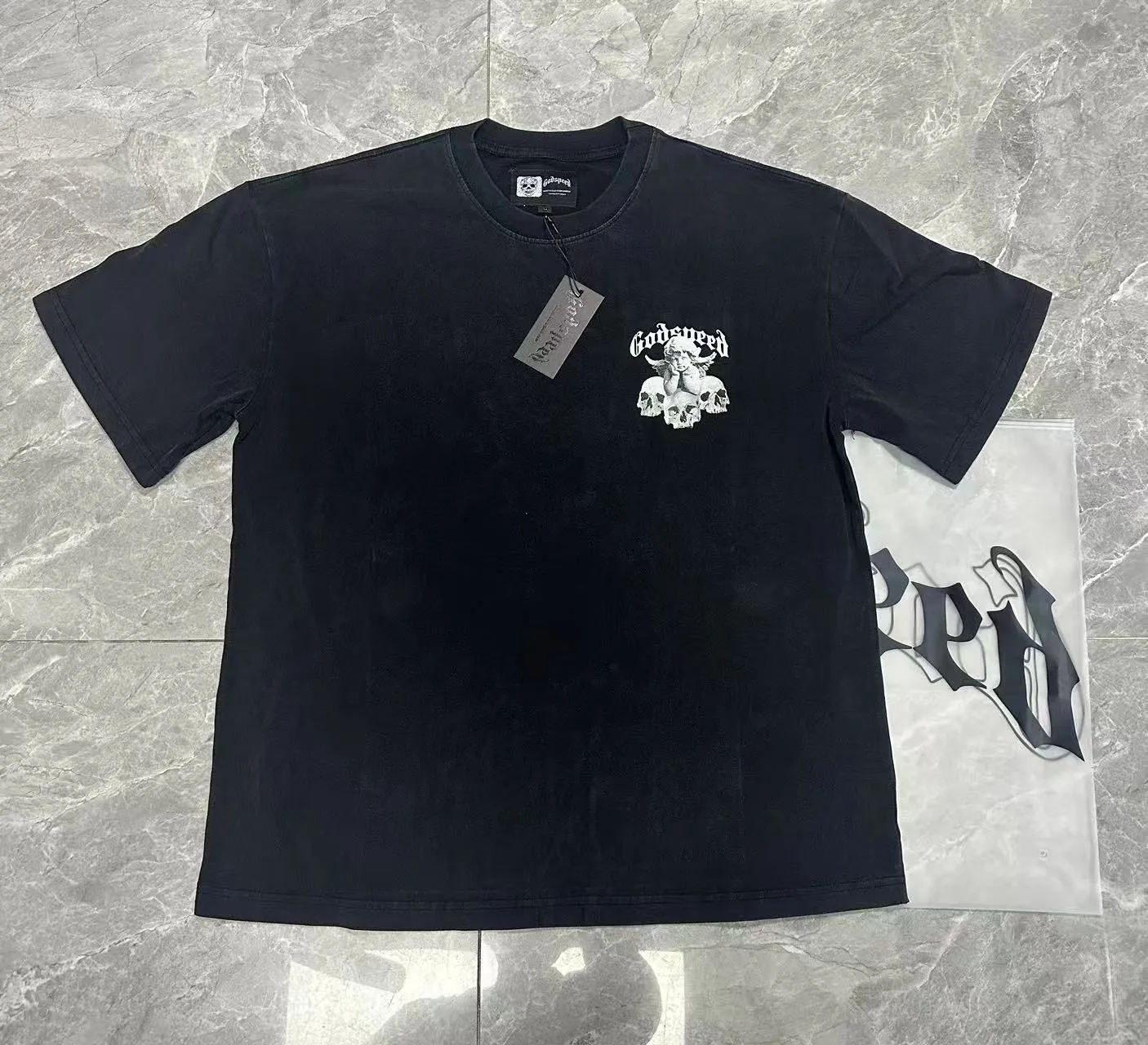 6092#washed black ｜ P116 Godspeed cross-border American rock and roll street washed retro style short-sleeved T (craft printing) fabric (fabric): 32-count combed double yarn 250 grams weight code (size): S-M-L-XL color (colour): washed black 👉