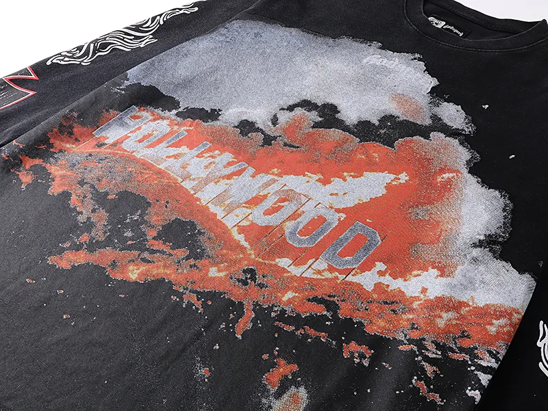 1107# P160 Washed Black Real Shot Godspeed American Fashion Rock Street Retro Washed Distressed Printed Pure Cotton Short Sleeves Fabric: 270g 32 Count Fine Cotton Double Yarn Pure Cotton Color: Washed Black Size: S M L XL
