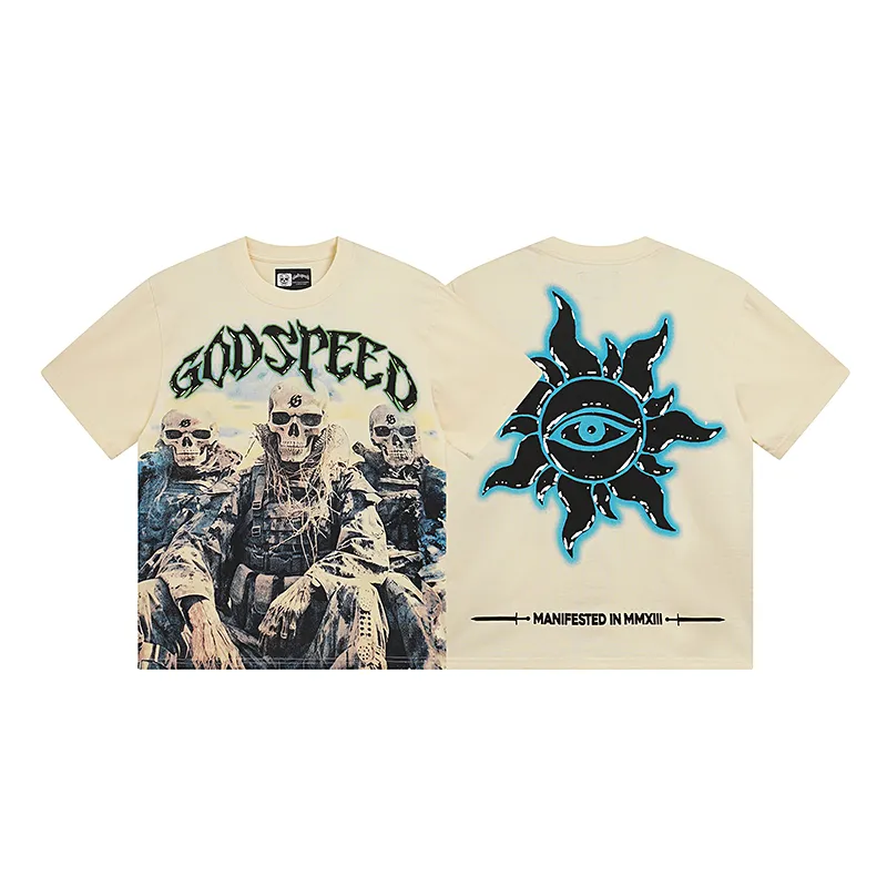 3032# P110 Real shot Godspeed American fashion rock street retro loose printed cotton short sleeves Fabric: 240g 32 count fine cotton double yarn pure cotton Color: apricot Size: S M L XL