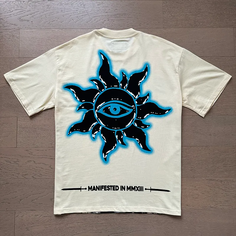 3032# P110 Real shot Godspeed American fashion rock street retro loose printed cotton short sleeves Fabric: 240g 32 count fine cotton double yarn pure cotton Color: apricot Size: S M L XL