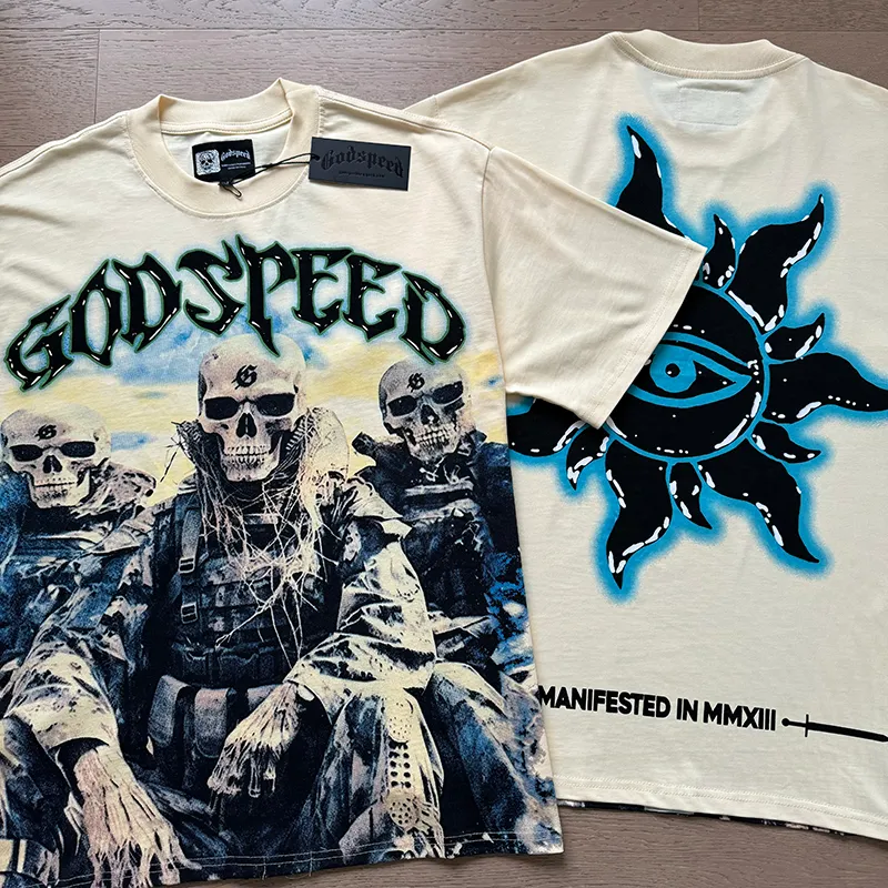 3032# P110 Real shot Godspeed American fashion rock street retro loose printed cotton short sleeves Fabric: 240g 32 count fine cotton double yarn pure cotton Color: apricot Size: S M L XL