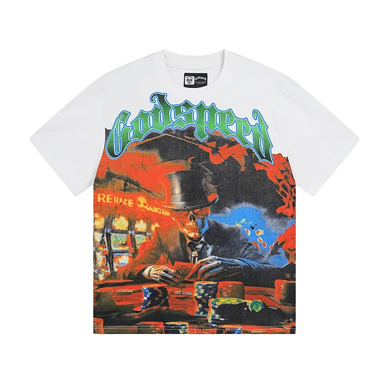 3013# P110 Real shot Godspeed American fashion rock street retro loose printed cotton short sleeves Fabric: 240g 32 count fine cotton double yarn pure cotton Color: off-white Size: S M L XL