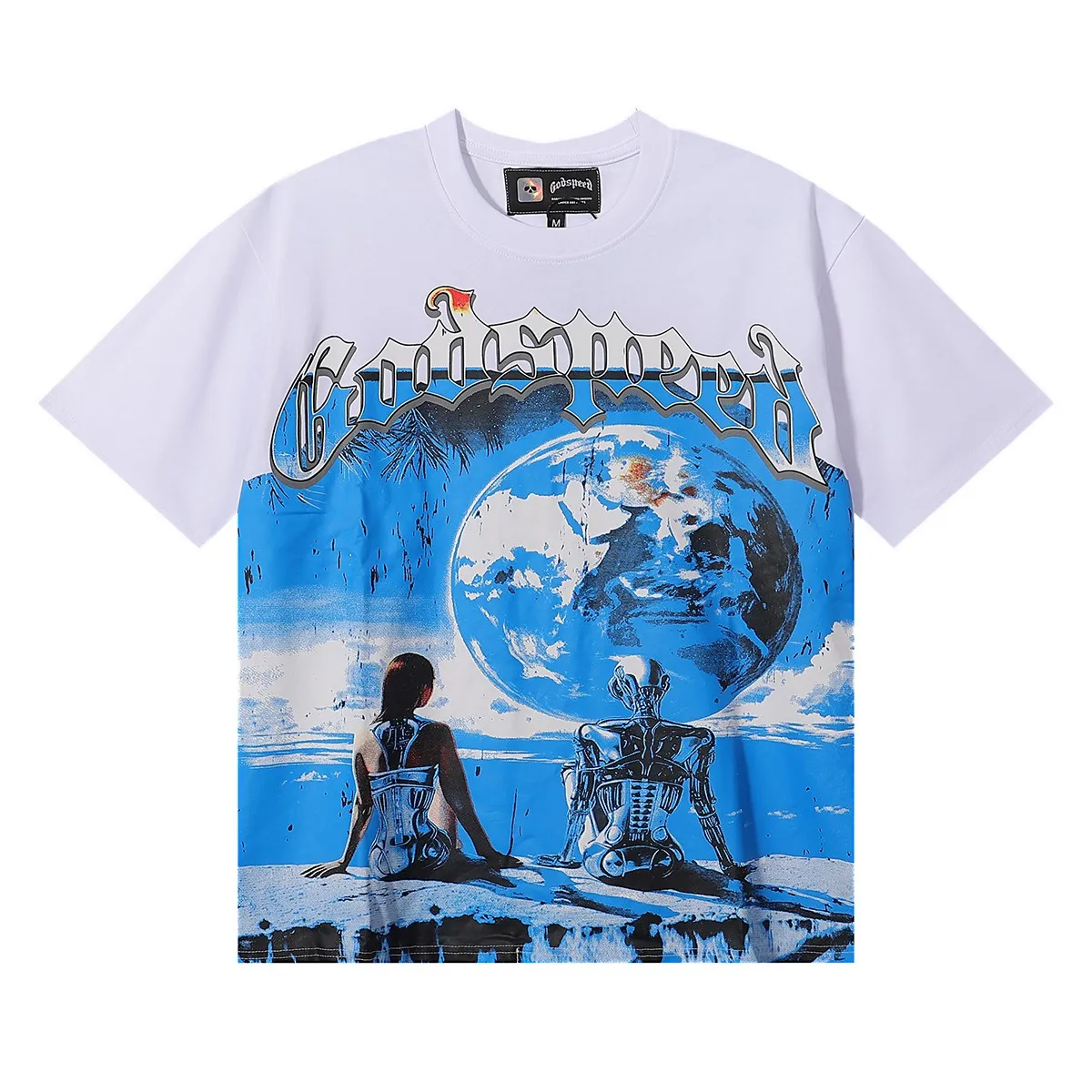 No. 7008, Mechao Godspeed technology human earth printed high weight double yarn pure cotton casual short-sleeved T-shirt batch 110 Color: black, white, blue; Size: S M L XL