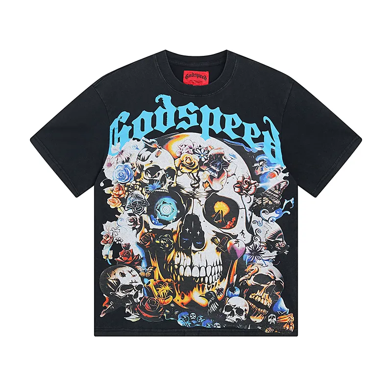 1001# P126 Washed Black Real Shot Godspeed American Fashion Rock Street Retro Washed Distressed Printed Cotton Short Sleeves Fabric: 250g 32 Count Fine Cotton Double Yarn Pure Cotton Color: Washed Black Size: S M L XL