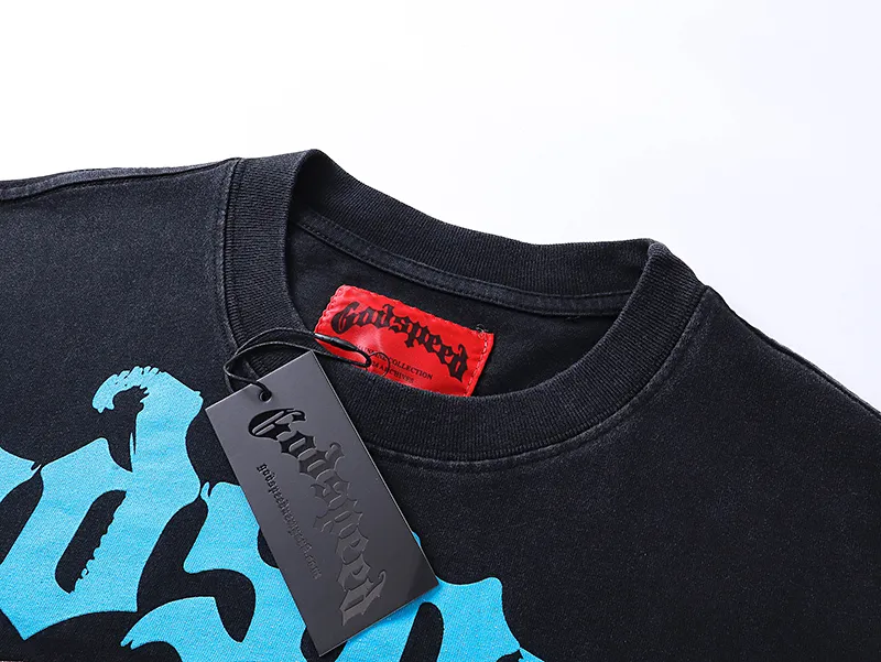 1001# P126 Washed Black Real Shot Godspeed American Fashion Rock Street Retro Washed Distressed Printed Cotton Short Sleeves Fabric: 250g 32 Count Fine Cotton Double Yarn Pure Cotton Color: Washed Black Size: S M L XL