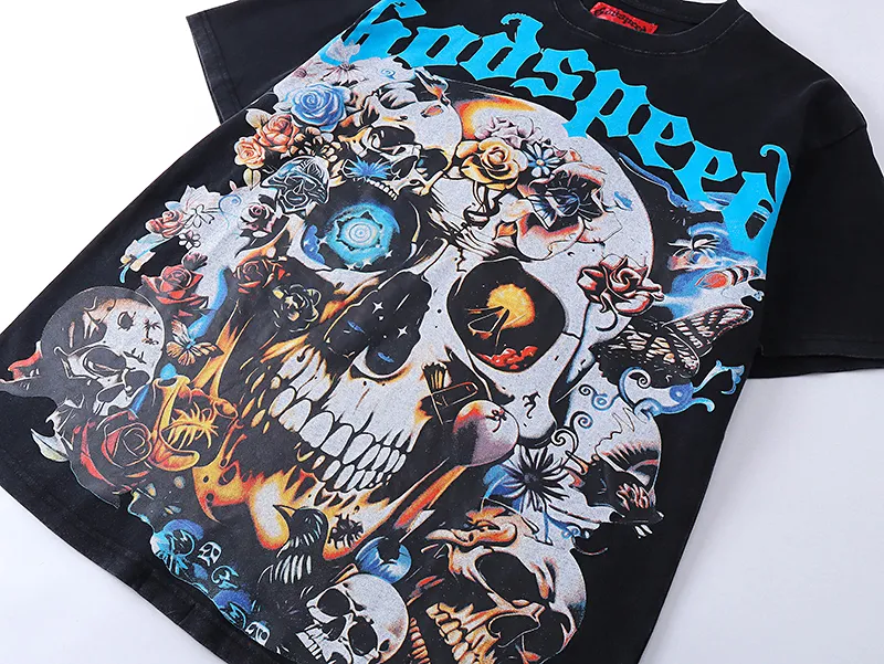 1001# P126 Washed Black Real Shot Godspeed American Fashion Rock Street Retro Washed Distressed Printed Cotton Short Sleeves Fabric: 250g 32 Count Fine Cotton Double Yarn Pure Cotton Color: Washed Black Size: S M L XL