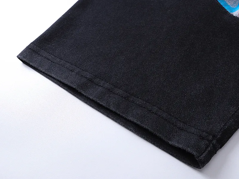 1001# P126 Washed Black Real Shot Godspeed American Fashion Rock Street Retro Washed Distressed Printed Cotton Short Sleeves Fabric: 250g 32 Count Fine Cotton Double Yarn Pure Cotton Color: Washed Black Size: S M L XL