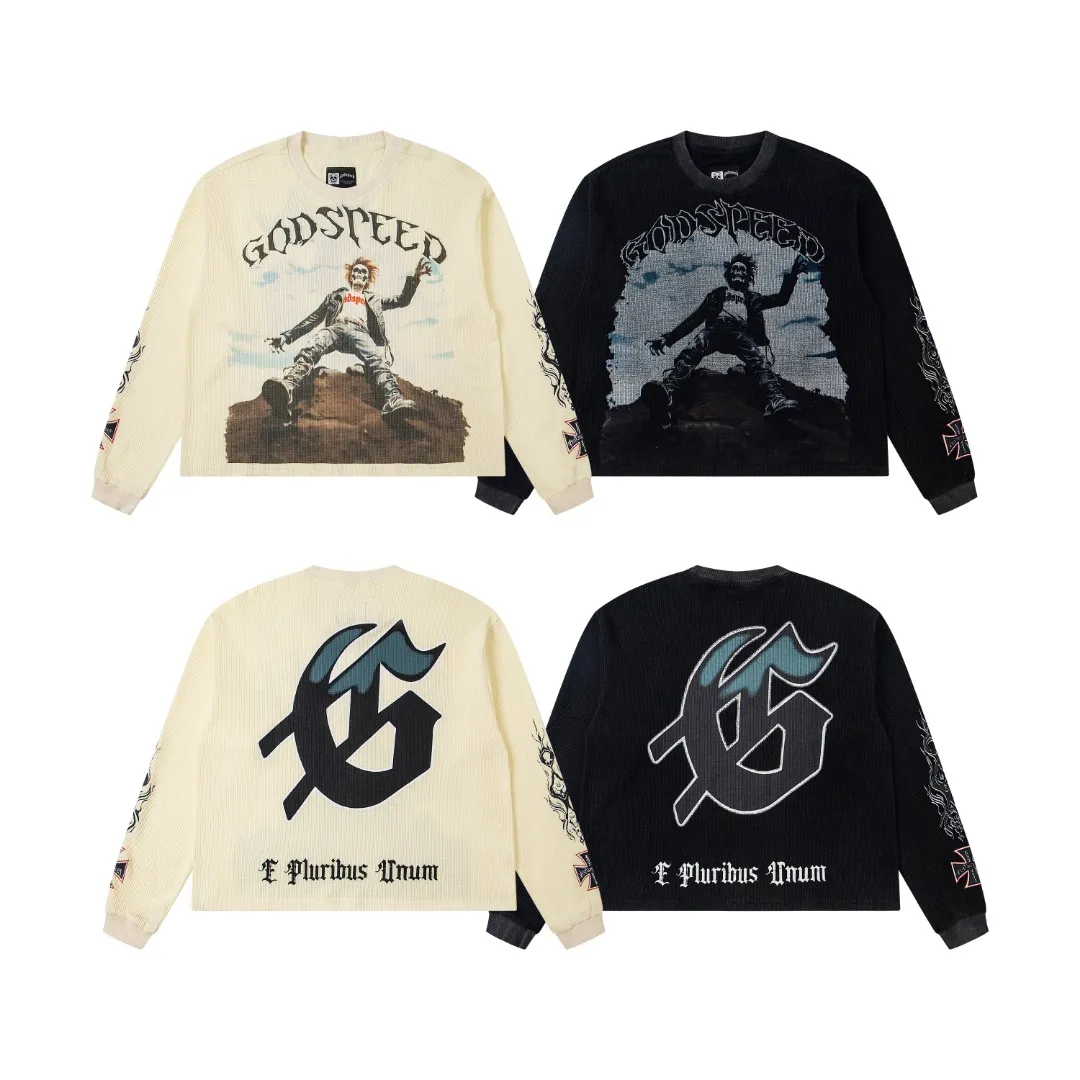 G10# GodSpeed ​​white ink direct spray long-sleeved waffle S-XL washed black P186 apricot P176
