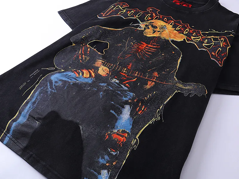 1008# P126 Washed Black Real Shot Godspeed American Fashion Rock Street Retro Washed Distressed Printed Pure Cotton Short Sleeves Fabric: 250g 32 Count Fine Cotton Double Yarn Pure Cotton Color: Washed Black Size: S M L XL