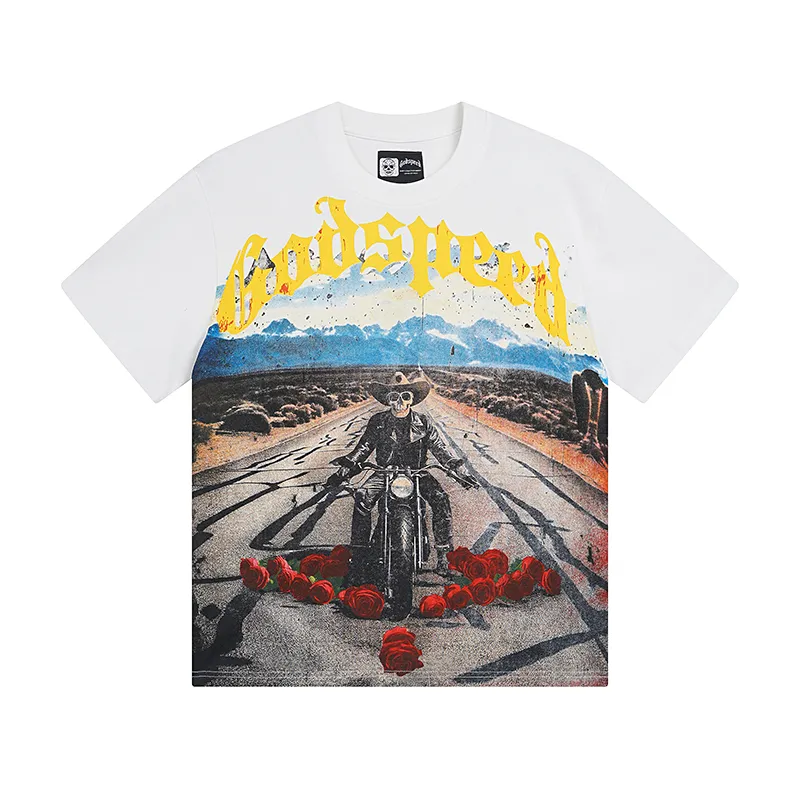 3011# P110 Real shot Godspeed American fashion rock street retro loose printed cotton short sleeves Fabric: 240g 32 count fine cotton double yarn pure cotton Color: off-white Size: S M L XL