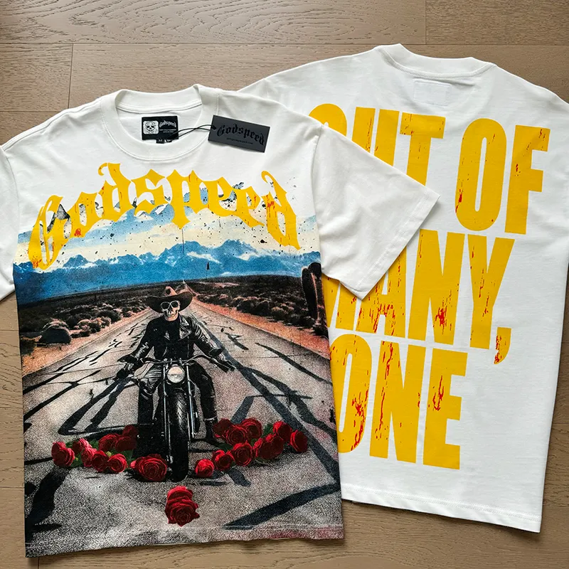 3011# P110 Real shot Godspeed American fashion rock street retro loose printed cotton short sleeves Fabric: 240g 32 count fine cotton double yarn pure cotton Color: off-white Size: S M L XL