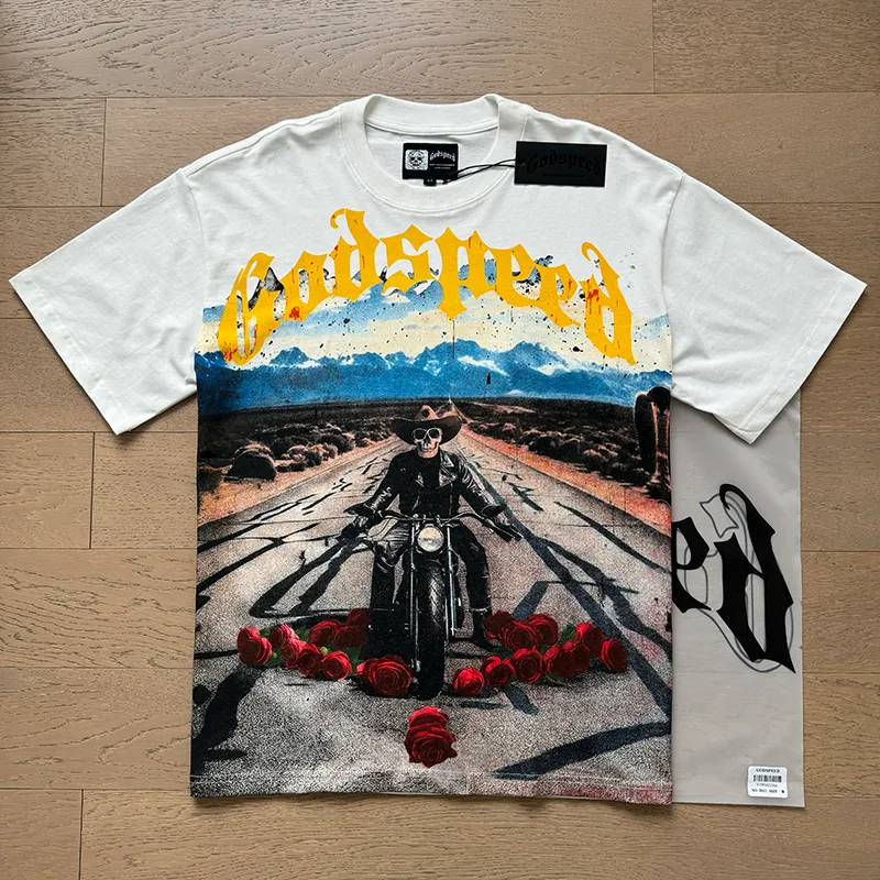 3011# P110 Real shot Godspeed American fashion rock street retro loose printed cotton short sleeves Fabric: 240g 32 count fine cotton double yarn pure cotton Color: off-white Size: S M L XL