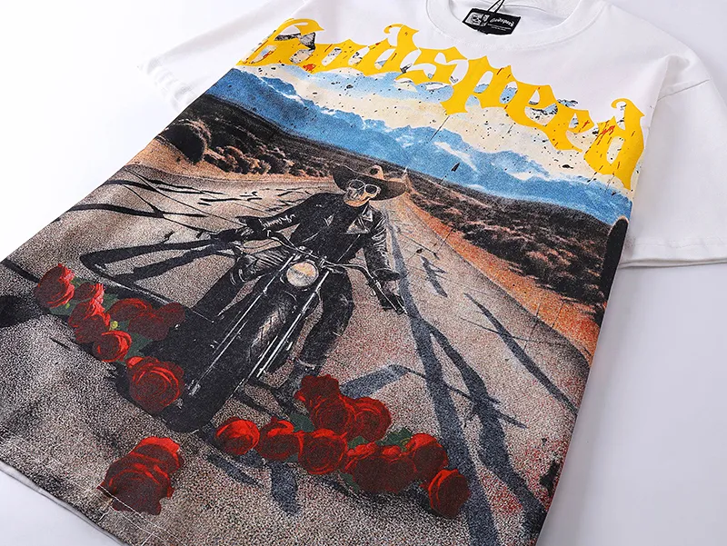 3011# P110 Real shot Godspeed American fashion rock street retro loose printed cotton short sleeves Fabric: 240g 32 count fine cotton double yarn pure cotton Color: off-white Size: S M L XL