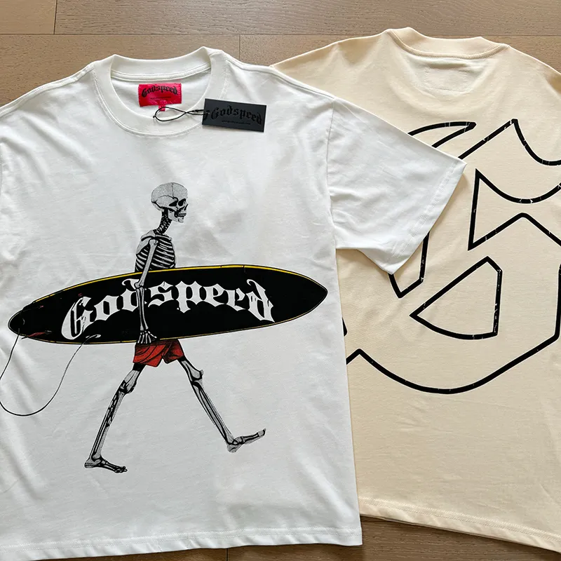 3025# P110 Real shot Godspeed American fashion rock street retro loose printed cotton short sleeves Fabric: 240g 32 count fine cotton double yarn pure cotton Color: off-white apricot Size: S M L XL