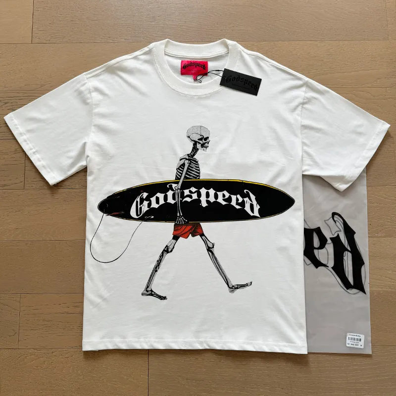 3025# P110 Real shot Godspeed American fashion rock street retro loose printed cotton short sleeves Fabric: 240g 32 count fine cotton double yarn pure cotton Color: off-white apricot Size: S M L XL