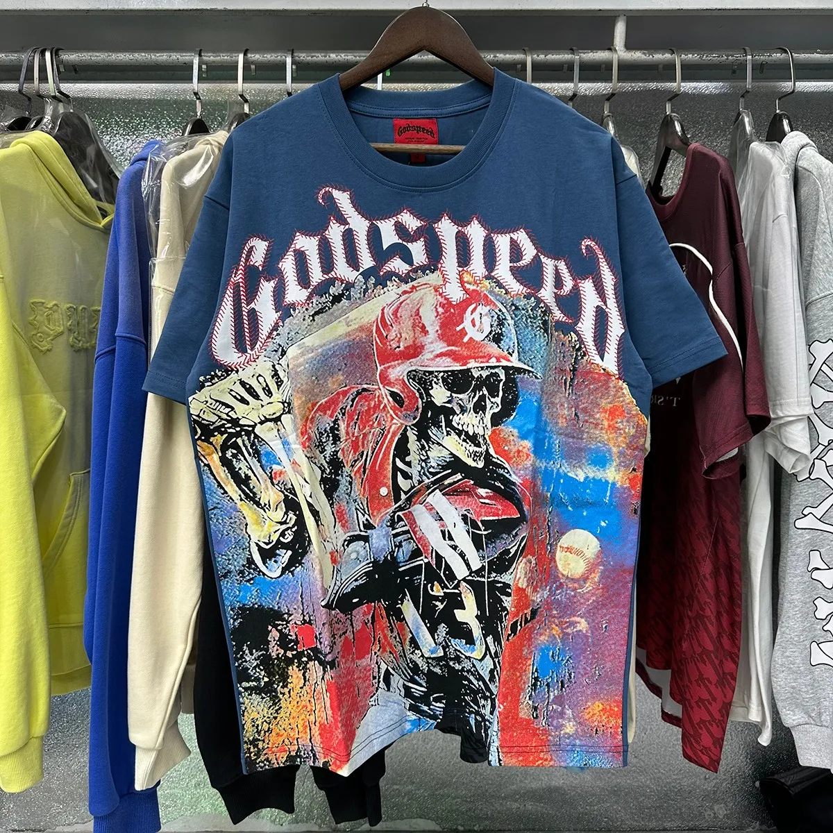 No. 7025, real shot, beautiful Godspeed skull baseball player print high quality double yarn pure cotton casual short-sleeved T-shirt batch 110 Color: black, apricot, blue; Size: S M L XL