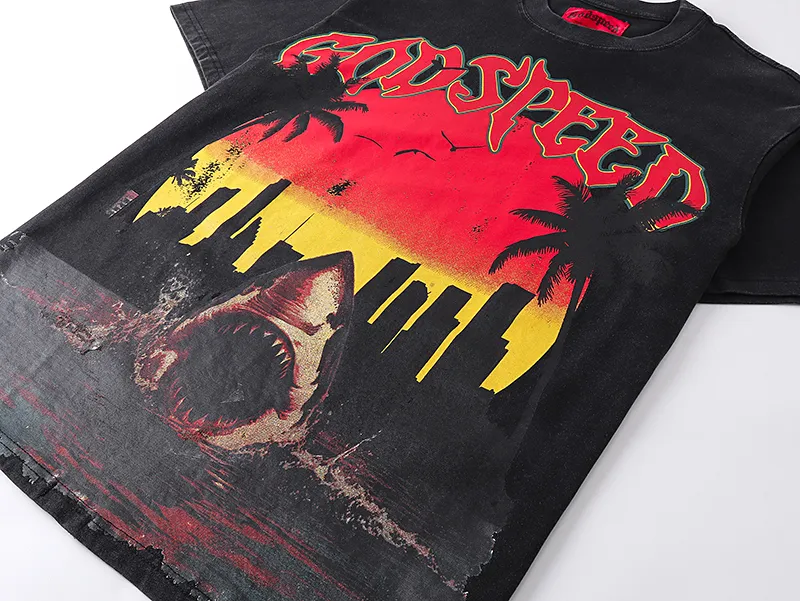 1068# P126 Washed Black Real Shot Godspeed American Fashion Rock Street Retro Washed Distressed Printed Pure Cotton Short Sleeves Fabric: 250g 32 Count Fine Cotton Double Yarn Pure Cotton Color: Washed Black Size: S M L XL