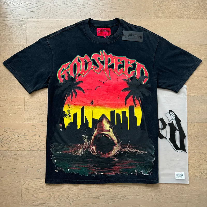 1068# P126 Washed Black Real Shot Godspeed American Fashion Rock Street Retro Washed Distressed Printed Pure Cotton Short Sleeves Fabric: 250g 32 Count Fine Cotton Double Yarn Pure Cotton Color: Washed Black Size: S M L XL