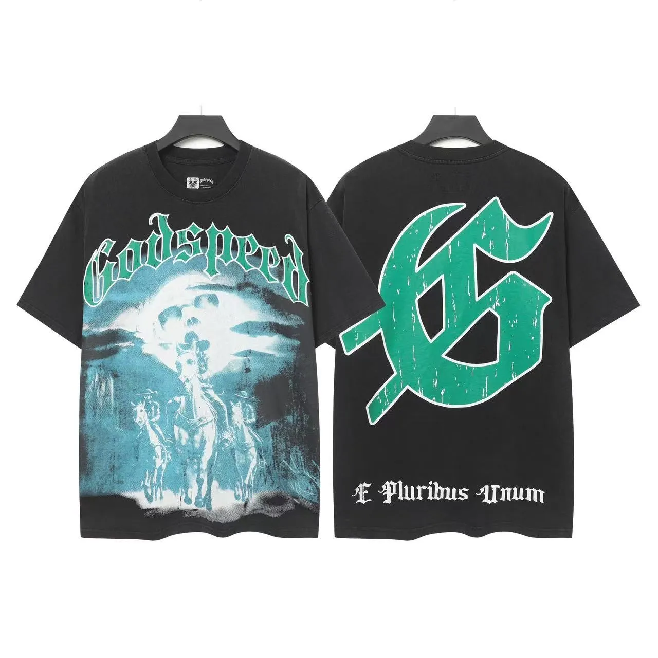 6038#washed black｜P116 Godspeed cross-border American rock and roll street washed retro style short-sleeved T (craft printing) fabric (fabric): 32 count combed double yarn 250g weight size (size): S-M-L-XL color (colour): washed black 👉