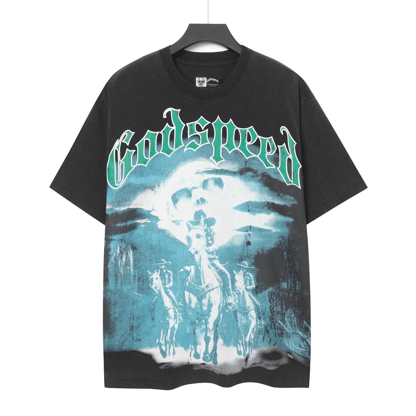 6038#washed black｜P116 Godspeed cross-border American rock and roll street washed retro style short-sleeved T (craft printing) fabric (fabric): 32 count combed double yarn 250g weight size (size): S-M-L-XL color (colour): washed black 👉