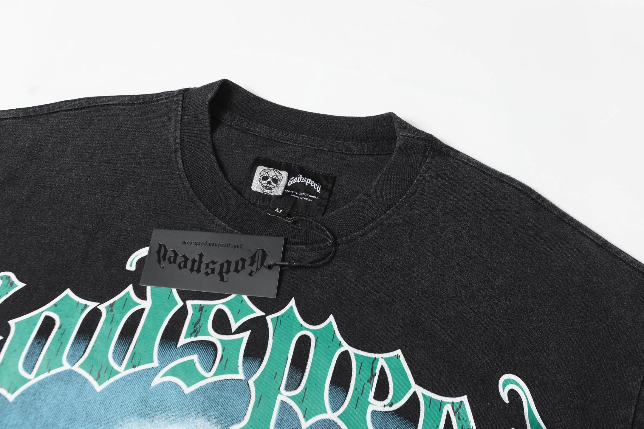 6038#washed black｜P116 Godspeed cross-border American rock and roll street washed retro style short-sleeved T (craft printing) fabric (fabric): 32 count combed double yarn 250g weight size (size): S-M-L-XL color (colour): washed black 👉