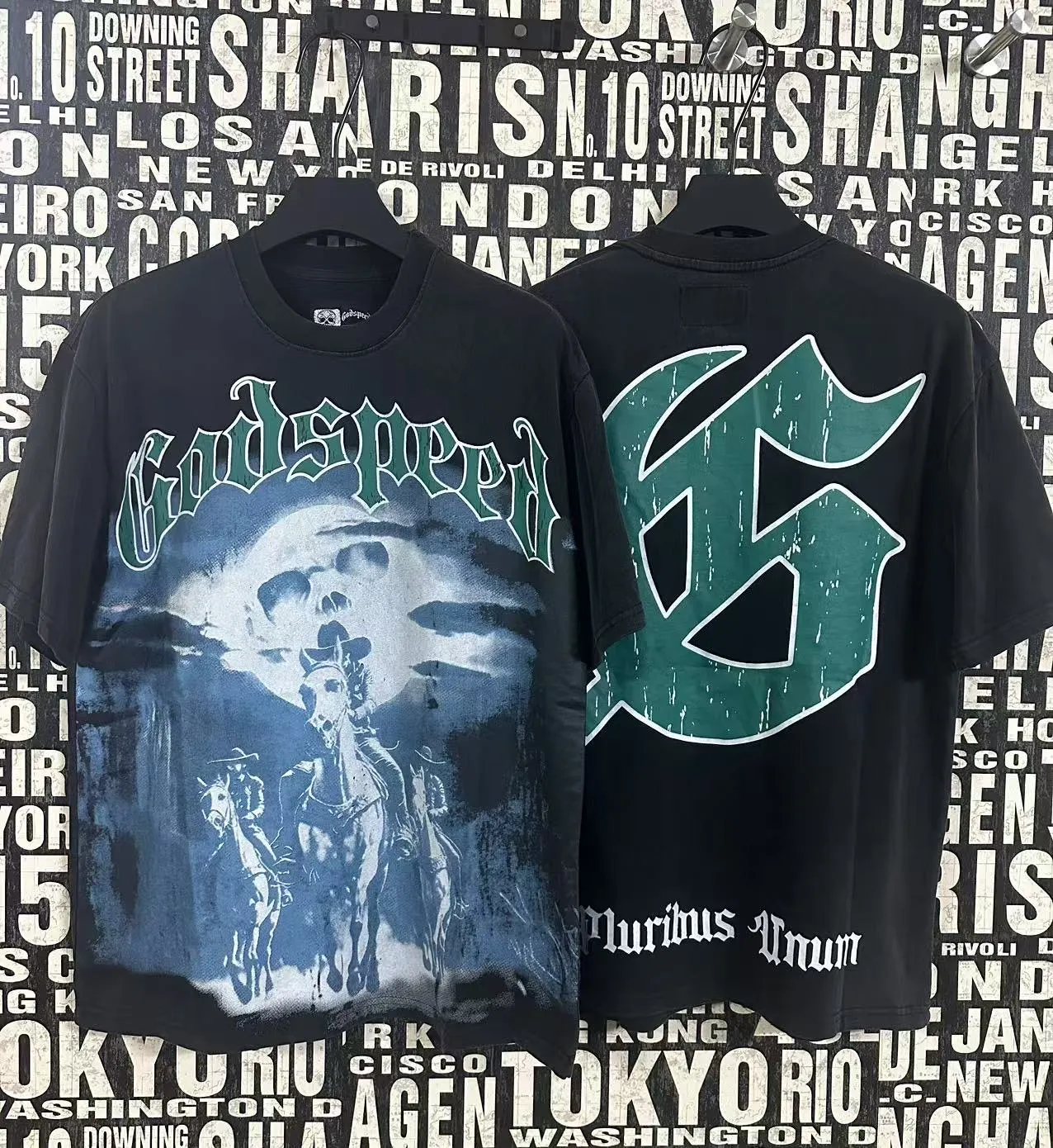 6038#washed black｜P116 Godspeed cross-border American rock and roll street washed retro style short-sleeved T (craft printing) fabric (fabric): 32 count combed double yarn 250g weight size (size): S-M-L-XL color (colour): washed black 👉