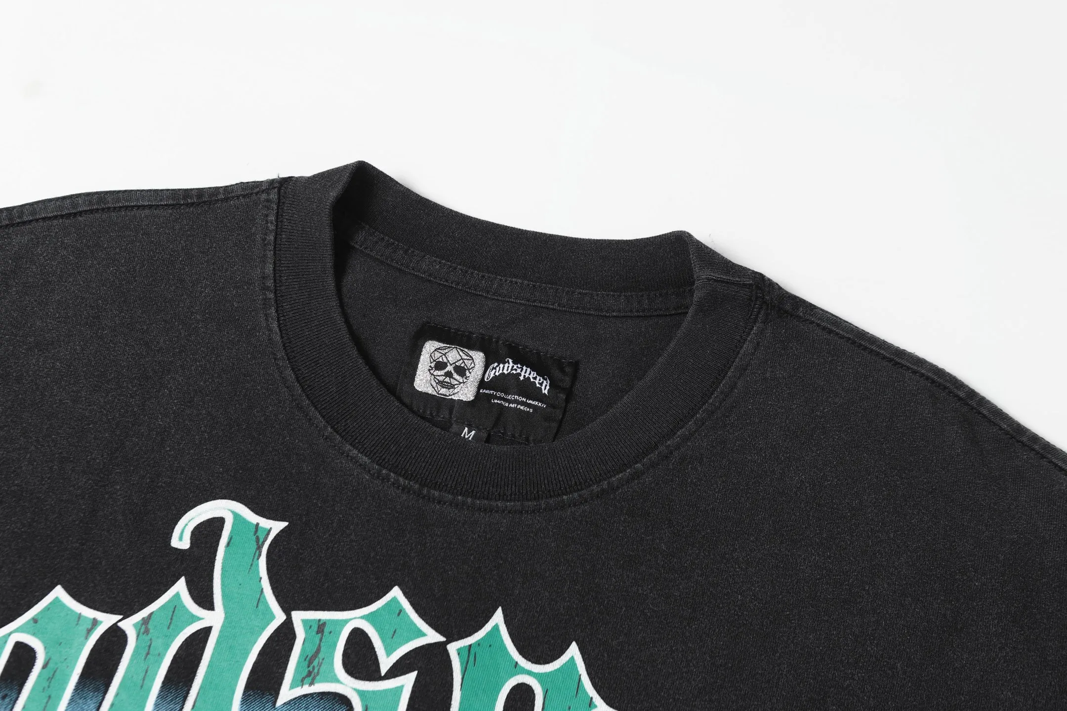 6038#washed black｜P116 Godspeed cross-border American rock and roll street washed retro style short-sleeved T (craft printing) fabric (fabric): 32 count combed double yarn 250g weight size (size): S-M-L-XL color (colour): washed black 👉