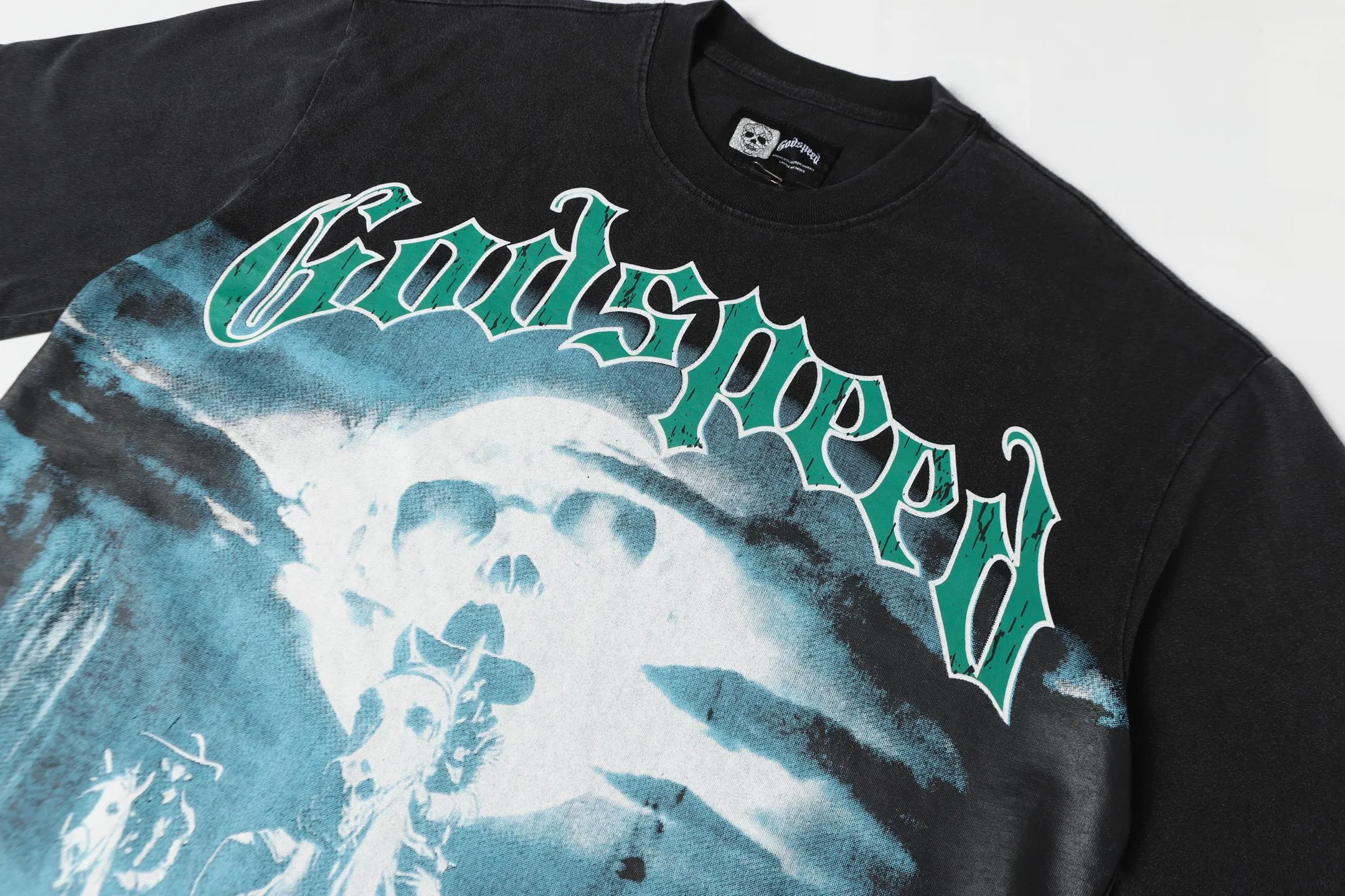 6038#washed black｜P116 Godspeed cross-border American rock and roll street washed retro style short-sleeved T (craft printing) fabric (fabric): 32 count combed double yarn 250g weight size (size): S-M-L-XL color (colour): washed black 👉