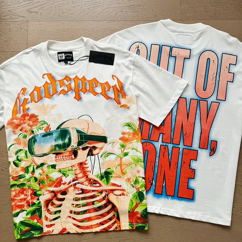 3009# P110 Real shot Godspeed American fashion rock street retro loose printed cotton short sleeves Fabric: 240g 32 count fine cotton double yarn pure cotton Color: off-white Size: S M L XL