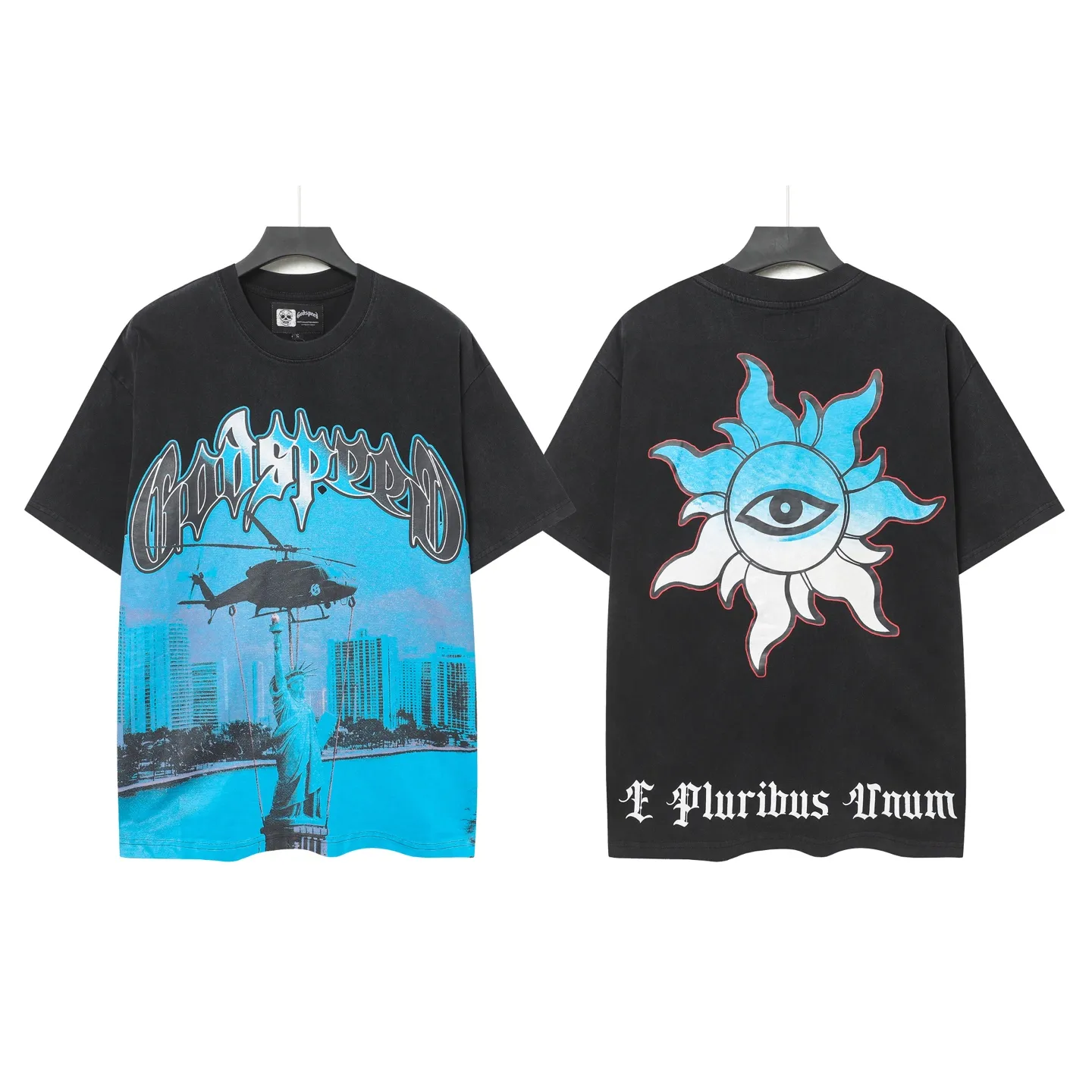 6085# washed black｜P116 Godspeed cross-border American rock and roll street washed retro style short-sleeved T (craft printing) fabric (fabric): 32 count combed double yarn 250 grams weight code (size): S-M-L-XL color (colour): washed black 👉 👉