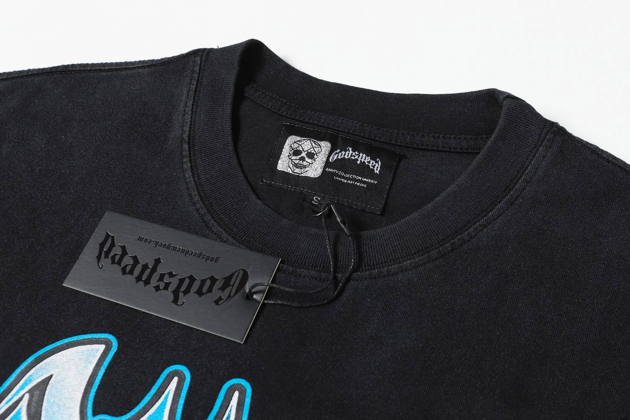 6085# washed black｜P116 Godspeed cross-border American rock and roll street washed retro style short-sleeved T (craft printing) fabric (fabric): 32 count combed double yarn 250 grams weight code (size): S-M-L-XL color (colour): washed black 👉 👉