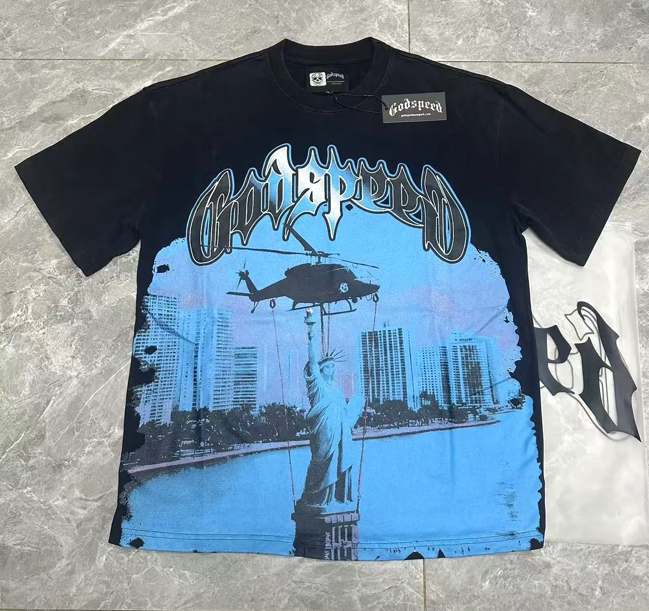 6085# washed black｜P116 Godspeed cross-border American rock and roll street washed retro style short-sleeved T (craft printing) fabric (fabric): 32 count combed double yarn 250 grams weight code (size): S-M-L-XL color (colour): washed black 👉 👉
