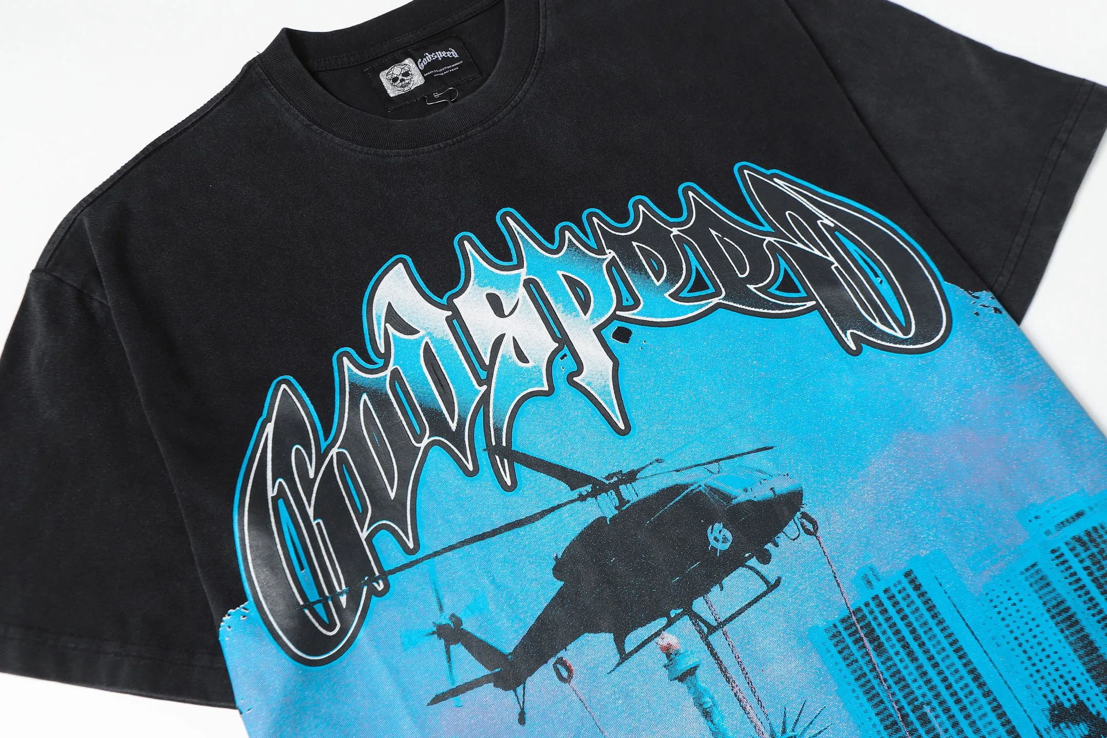 6085# washed black｜P116 Godspeed cross-border American rock and roll street washed retro style short-sleeved T (craft printing) fabric (fabric): 32 count combed double yarn 250 grams weight code (size): S-M-L-XL color (colour): washed black 👉 👉
