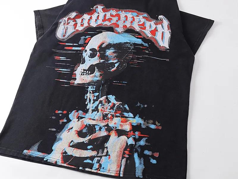 1027# P126 Washed Black Real Shot Godspeed American Fashion Rock Street Retro Washed Distressed Printed Cotton Short Sleeves Fabric: 250g 32 Count Fine Cotton Double Yarn Pure Cotton Color: Washed Black Size: S M L XL