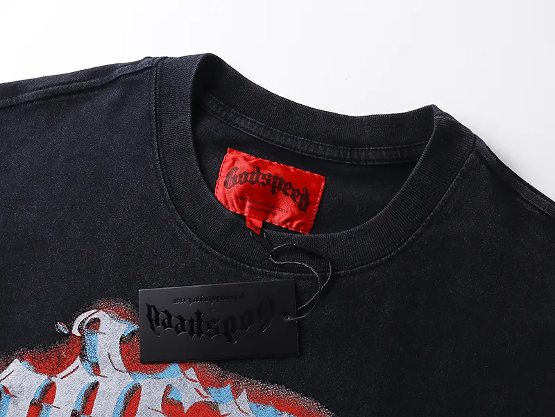 1027# P126 Washed Black Real Shot Godspeed American Fashion Rock Street Retro Washed Distressed Printed Cotton Short Sleeves Fabric: 250g 32 Count Fine Cotton Double Yarn Pure Cotton Color: Washed Black Size: S M L XL