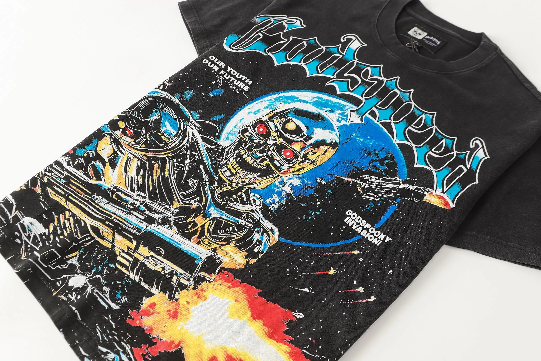 6101# Washed black | P116 High-definition printing. Soft touch Godspeed cross-border American rock and roll street washed retro style short-sleeved T (craft printing) Fabric (fabric): 32 counts combed double yarn 250 grams weight Size (size): S-M-L-XL Color (colour): Washed black