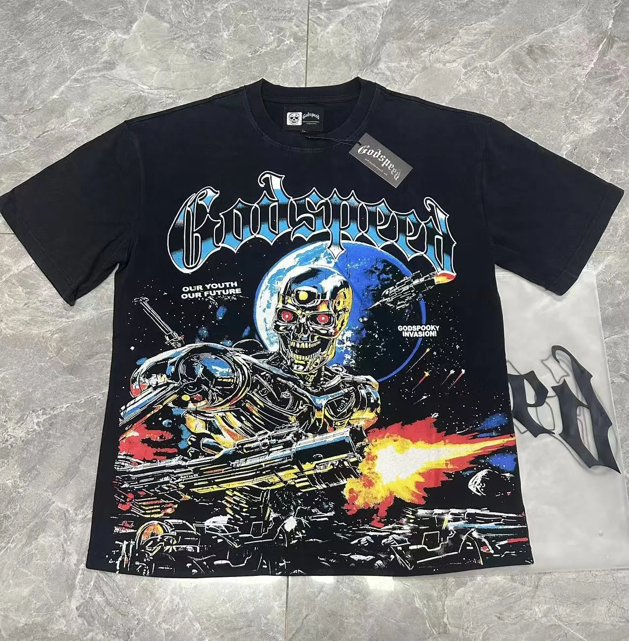 6101# Washed black | P116 High-definition printing. Soft touch Godspeed cross-border American rock and roll street washed retro style short-sleeved T (craft printing) Fabric (fabric): 32 counts combed double yarn 250 grams weight Size (size): S-M-L-XL Color (colour): Washed black