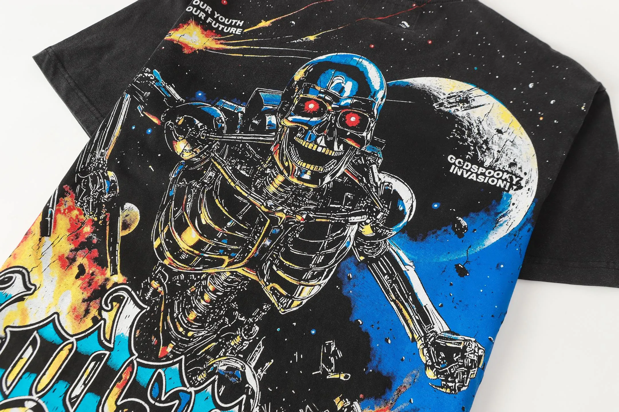 6101# Washed black | P116 High-definition printing. Soft touch Godspeed cross-border American rock and roll street washed retro style short-sleeved T (craft printing) Fabric (fabric): 32 counts combed double yarn 250 grams weight Size (size): S-M-L-XL Color (colour): Washed black