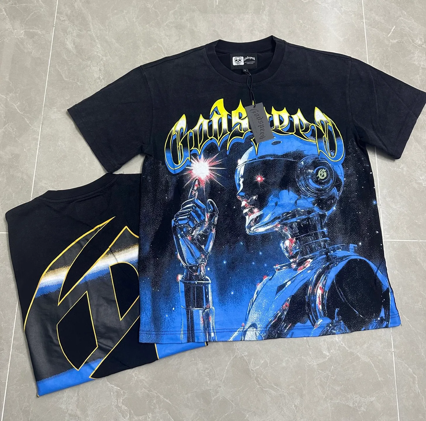 6122# Washed Black I P116 Real Spot (Beautiful Fashion Niche) Godspeed Cross-Border American Rock Street Washed Retro Style Short Sleeve T (Craft Printing) Fabric: 32 Count Combed Double Yarn 250g Weight Size: S-M-L-XL Color: Washed Black