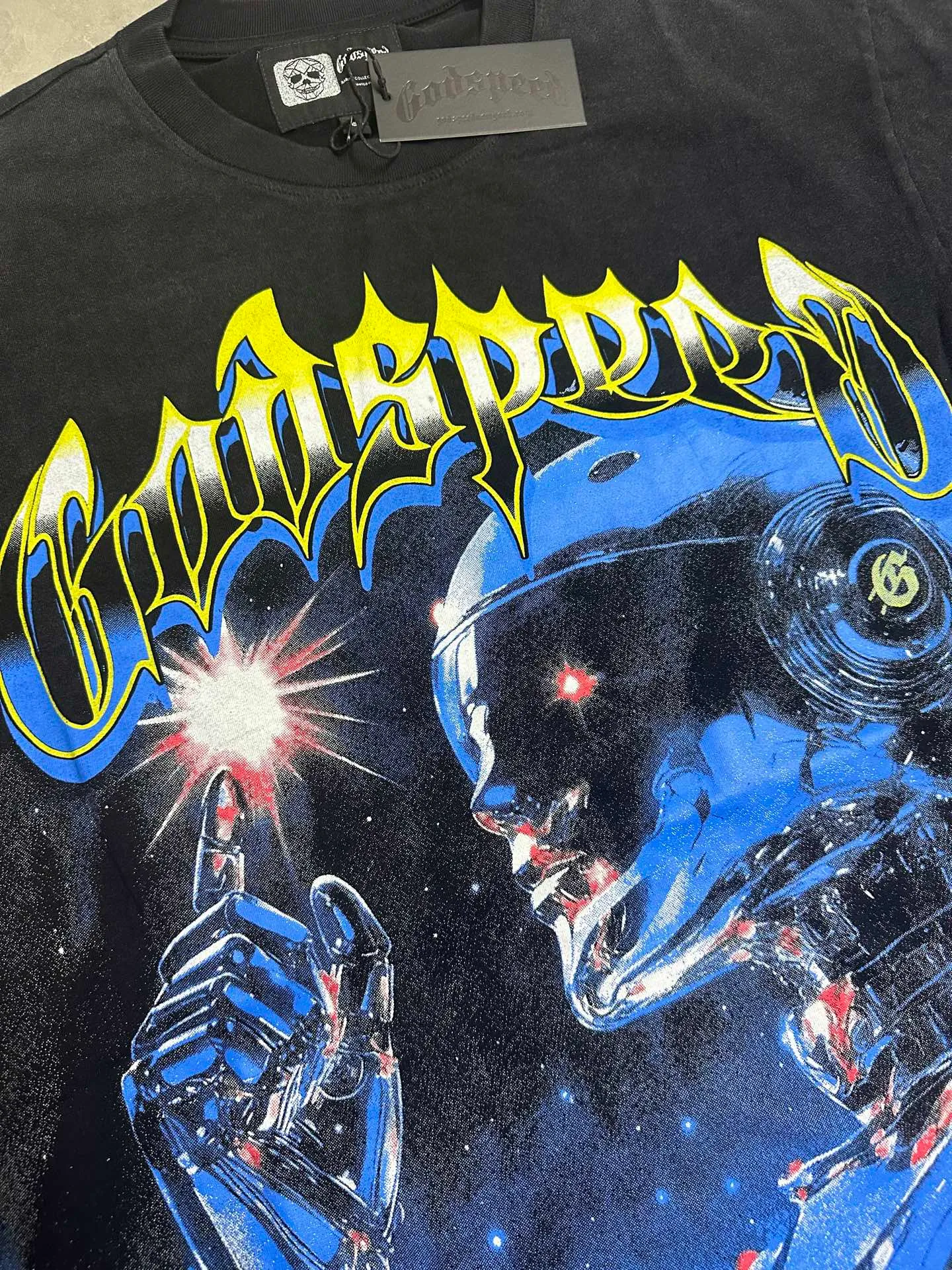 6122# Washed Black I P116 Real Spot (Beautiful Fashion Niche) Godspeed Cross-Border American Rock Street Washed Retro Style Short Sleeve T (Craft Printing) Fabric: 32 Count Combed Double Yarn 250g Weight Size: S-M-L-XL Color: Washed Black