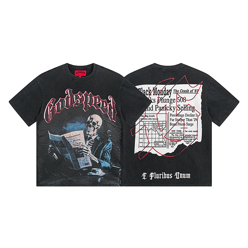1079# P126 Washed Black Real Shot Godspeed American Fashion Rock Street Retro Washed Distressed Printed Pure Cotton Short Sleeves Fabric: 250g 32 Count Fine Cotton Double Yarn Pure Cotton Color: Washed Black Size: S M L XL