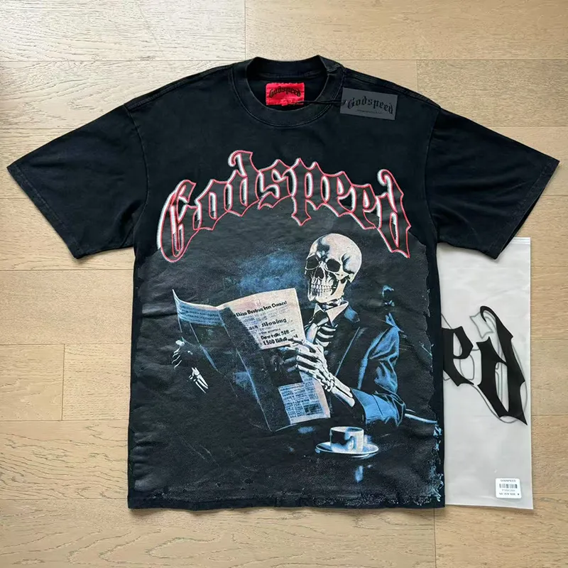 1079# P126 Washed Black Real Shot Godspeed American Fashion Rock Street Retro Washed Distressed Printed Pure Cotton Short Sleeves Fabric: 250g 32 Count Fine Cotton Double Yarn Pure Cotton Color: Washed Black Size: S M L XL