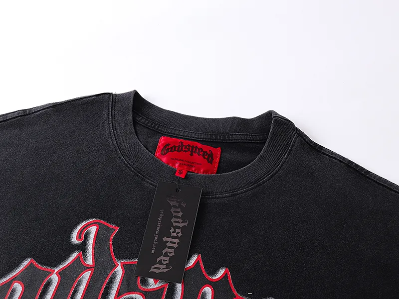 1079# P126 Washed Black Real Shot Godspeed American Fashion Rock Street Retro Washed Distressed Printed Pure Cotton Short Sleeves Fabric: 250g 32 Count Fine Cotton Double Yarn Pure Cotton Color: Washed Black Size: S M L XL